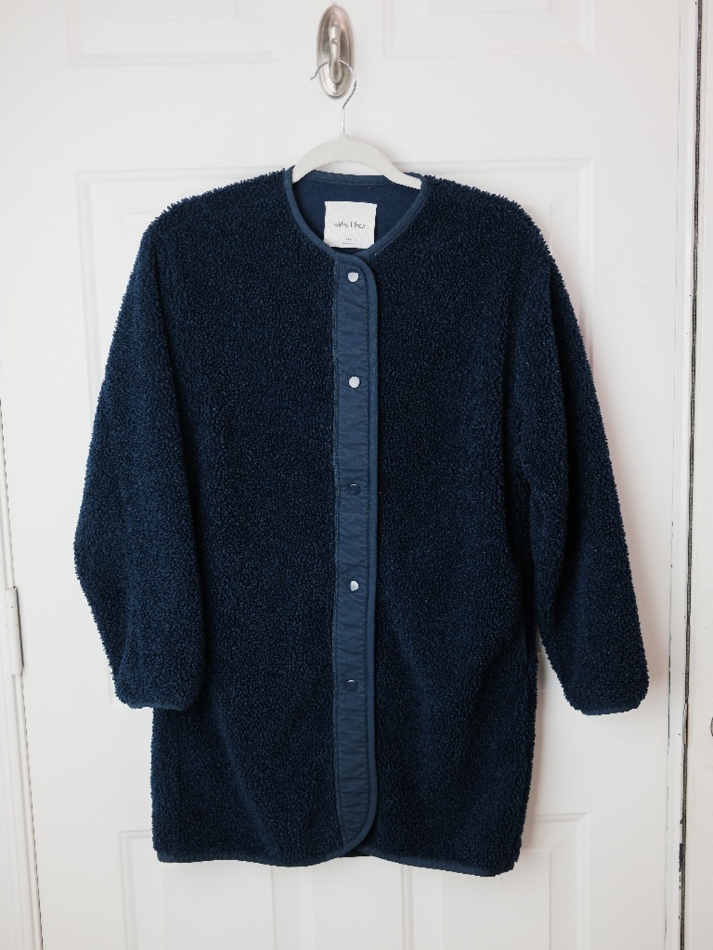Wilfred Free Teddy Fleece Jacket Womens 2XS Navy Snap Front Sherpa Longline